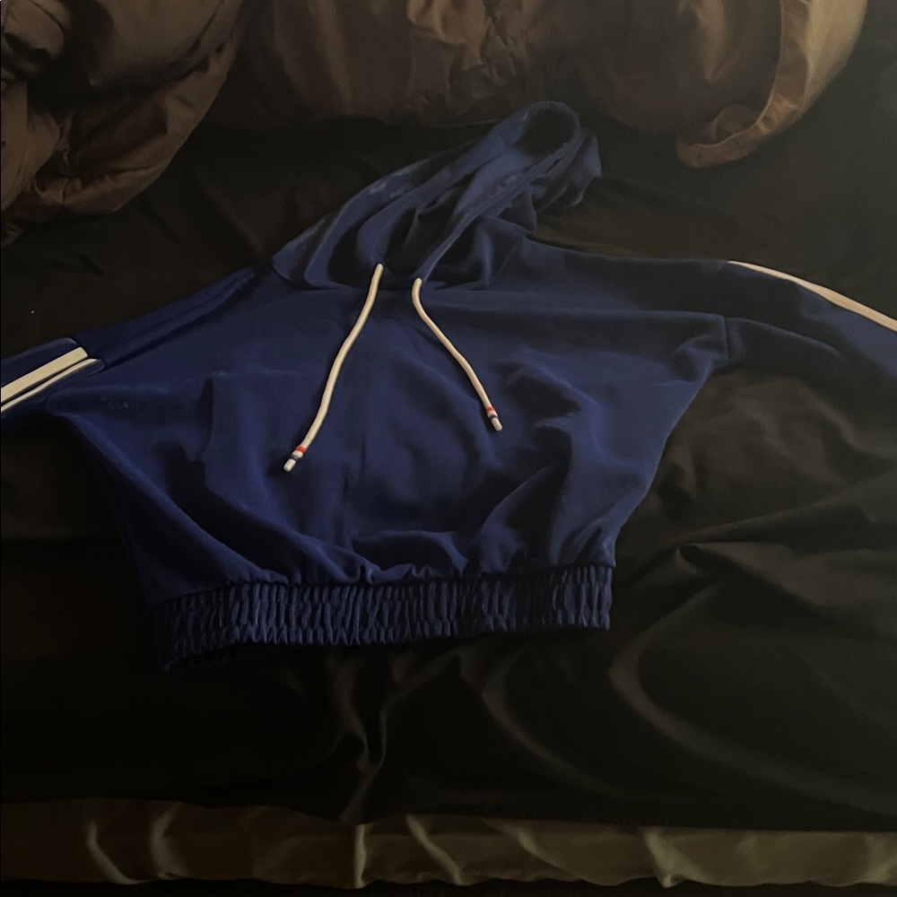 Blue Cropped Hoodie with White Stripes and Pants Set. Used Once.